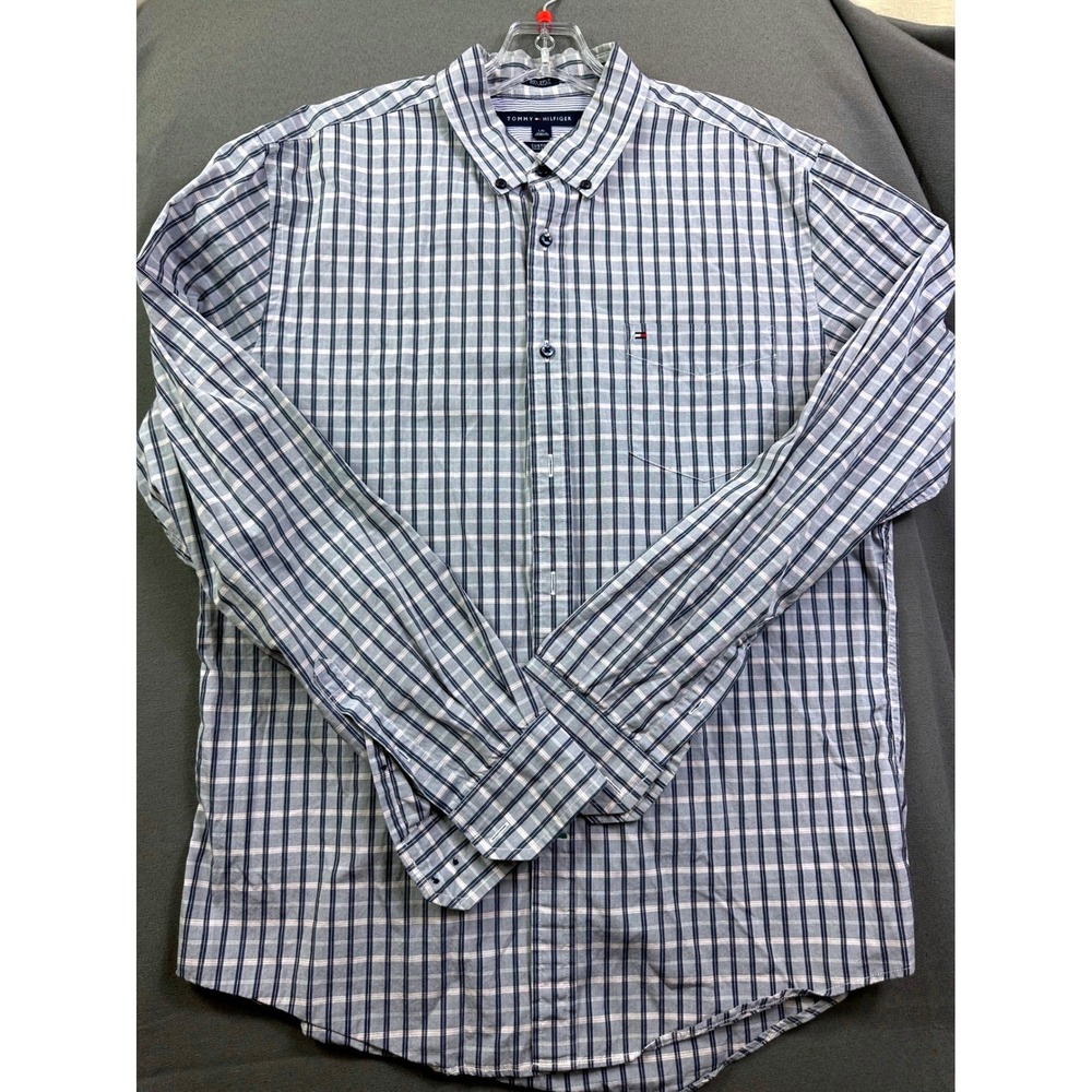 Tommy Hilfiger Men's Custom Fit Plaid Button Down Shirt Blue‎ White 80s 2-Ply L